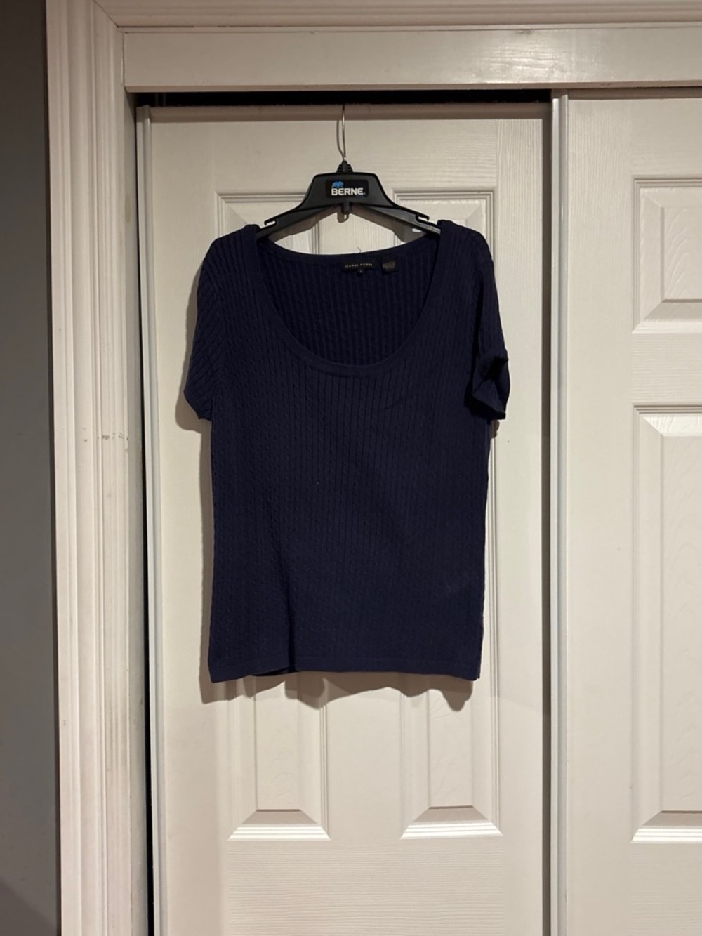 JEANNE PIERRE Navy Scoop Neck Short Sleeve Sweater